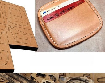 May include: A leather card holder with a stitched edge and a credit card inside. The card holder is light brown and the credit card is red with white text. The image also shows a leather craft pattern and a set of leather craft tools.