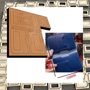 May include: A tan wooden leather cutting die set featuring multiple rectangular and curved shapes for crafting a wallet. A blue leather wallet is shown as a finished example with dimensions of 230mm by 150mm indicated by red text and lines.