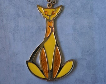 Lovely Yellow Vintage Art Deco Cat Statement Necklace Pendant