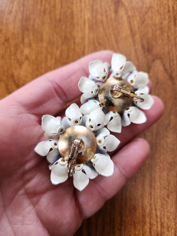 White Enamel Flower Cluster Colored Rhinestone Ea… - image 2