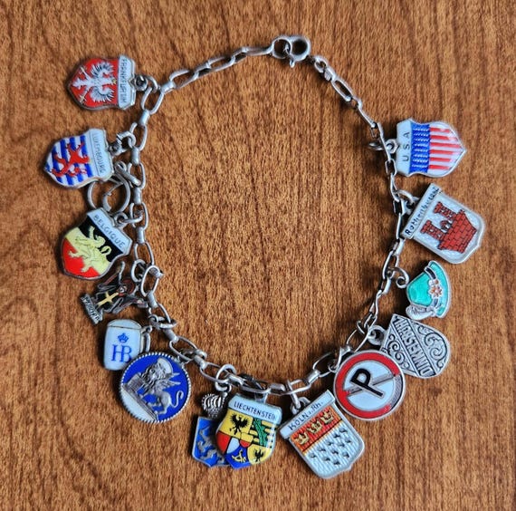 Midcentury Silver European Travel Charm Bracelet