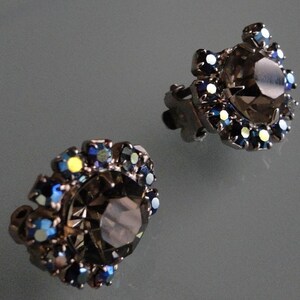 Gray Rhinestone and Blue aurora Borealis Clip Earrings image 1