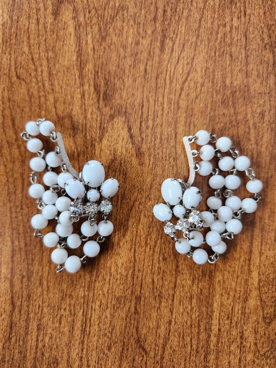 Midcentury Milk Glass and Rhinestone Earrings