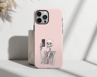 Funda de teléfono rosa con diseño de esqueleto para selfies para iPhone 16, 15, 14, 13, 12, 11 Pro Max, Mini Plus, Samsung S24, S23, S22, S21, linda y espeluznante funda para teléfono, regalo de Halloween