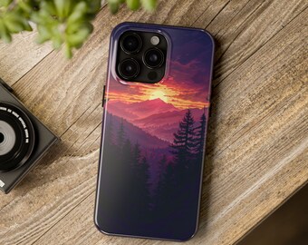 Forest Sunset Pixel Art Phone Case for iPhone 16 15 14 13 12 11 Pro Max Mini Plus Samsung S24 S23 S22 S21 Cute Gamer Phone Case Pixel Art