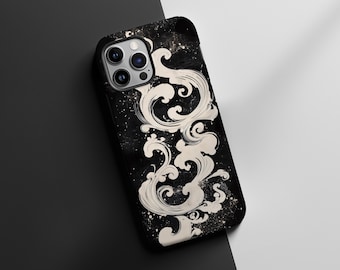 Puede incluir: Carcasa de teléfono negra con un diseño abstracto blanco de olas que se arremolinan.