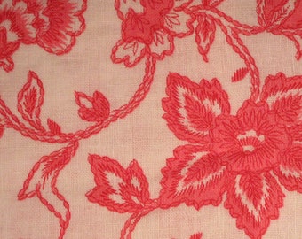 Dark Coral Crewel Flowers - Vintage Fabric - Heavy Linen - Embroidery