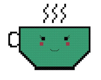 Cute aqua teacup (coffee or tea cup) Cross Stitch Pattern PDF