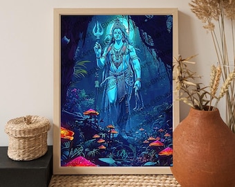 Peut inclure: Impression d'art encadrée représentant une divinité bleutée tenant un trident, dans une forêt mystique avec des champignons lumineux. L'œuvre est encadrée dans un cadre en bois clair, créant un contraste visuel saisissant.