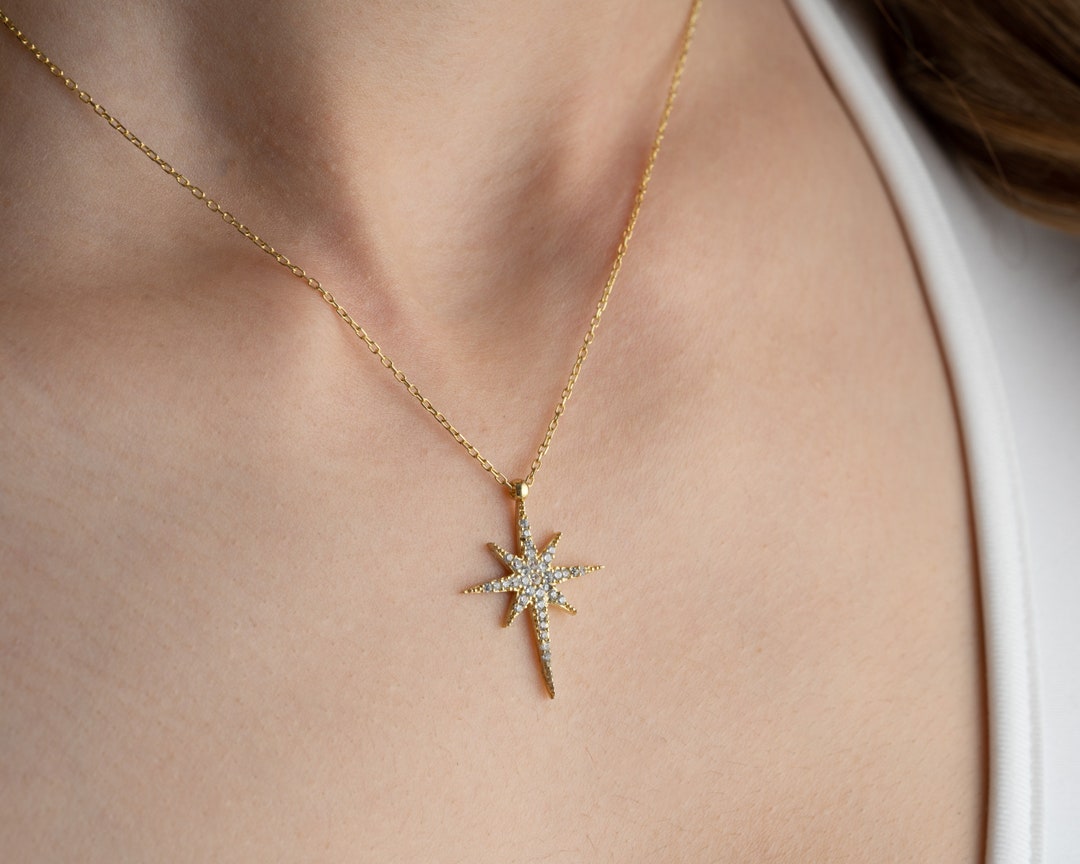 14K Gold North Star Necklace, Star Pendant Jewelry, Charm Star Necklace,  Gift for Wife, Gift for Girlfriend