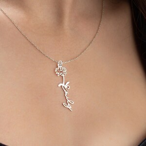 Custom Birth Flower and Name Necklace, Personalized Necklace, Custom Name Necklace for Bridesmaids, Gift For Wife