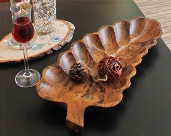 Cuenco de madera decorativo frutero decoración de madera diseño hoja 25 cm de madera de mango hecho a mano marrón oscuro