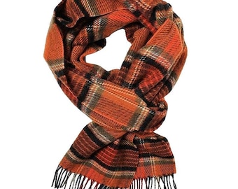 Men&#39;s scarf wool scarf woven scarf check fashionable in orange with 100% wool Made in Germany
