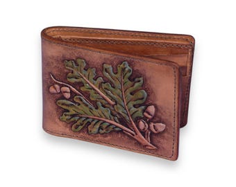 Handmade Leather Bifold Wallet: Rustic Forest Oak Design