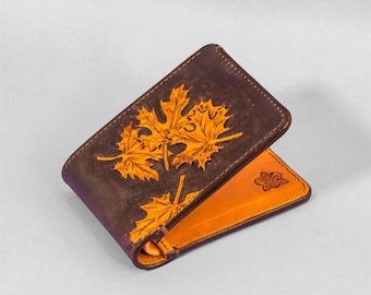 Handmade Leather Bifold Wallet: Autumn Leaf Embossed