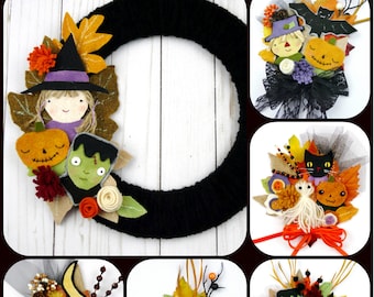 Halloween Party Corsage wreath pattern PDF - ornaments felt wool primitive folk art witch pin