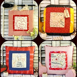 FUN 4 in one embroidery PDF pattern - thanks mom crow mother's day primitive heart stitchery valentine pillow chicken