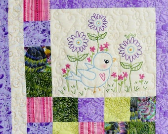 Blue Bird of Happiness embroidery Pattern PDF - Quilt stitchery hand flowers