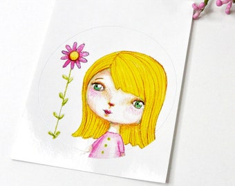 Blonde girl with flower sticker - art artwork vibrant color waif kid child green eyes