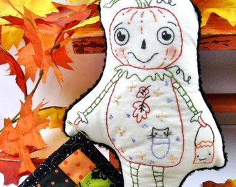 Halloween Pumpkin Doll embroidery Pattern PDF - mini quilt prim stitchery primitive toy