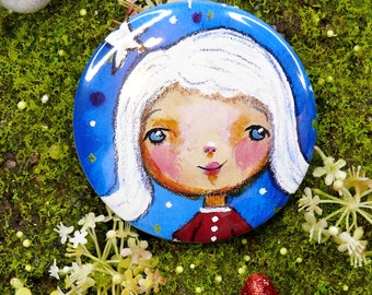 Patriotic white hair girl Big art button 3 inches - Pin Painting Print - art artwork vibrant inch july