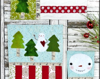 Prim Christmas mini quilt pattern PDF - 3 designs snowman tree wool primitive folk art embroidery