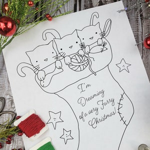 3 Cats Christmas stocking embroidery pattern PDF - sheet primitive dreaming of a furry stitchery