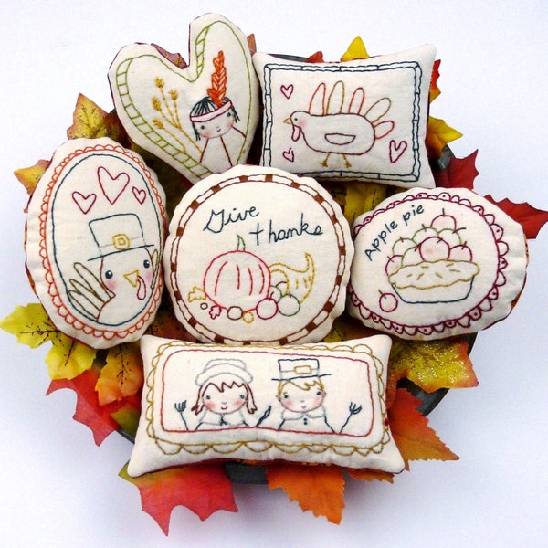 Give Thanks Ornaments embroidery Pattern PDF - turkey prim stitchery primitive ornies pilgrim bowl fillers