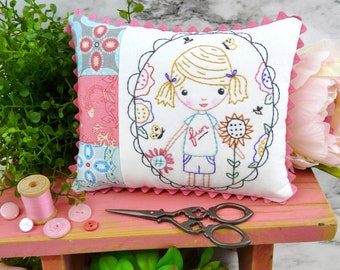 Fun in the garden hand embroidery Pattern PDF- stitchery girl flowers pig tails