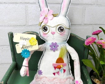 Easter bunny painted doll - glasses folk art prim primitive dolly egg happy art flower