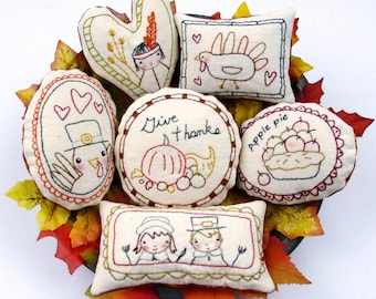 Give Thanks Ornaments embroidery Pattern PDF - turkey prim stitchery primitive ornies pilgrim bowl fillers