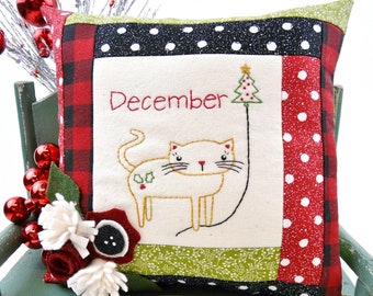 December Kitty Cat embroidery pillow Pattern PDF - stitchery wool felt flowers month balloon Christmas tree holly