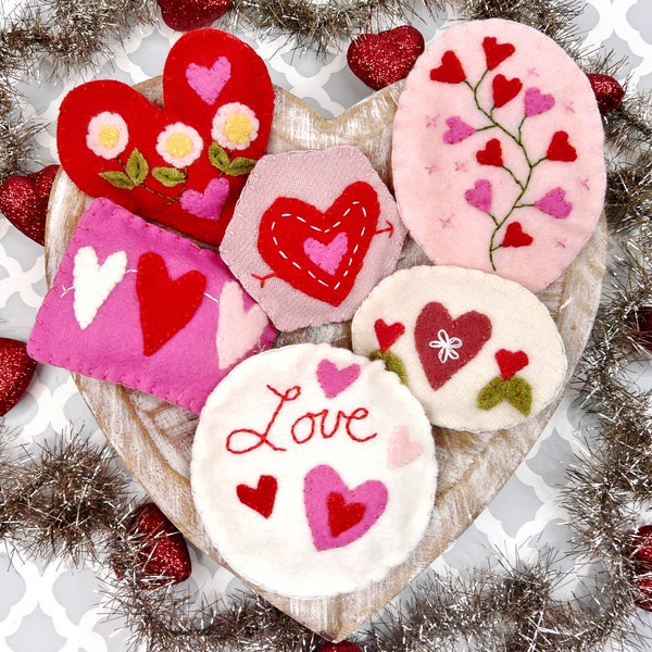 Sweet Valentine wool Ornaments Pattern - PDF felt stitchery heart primitive ornies bowl fillers pin