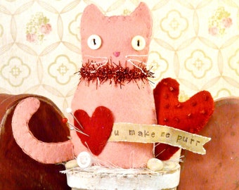 Valentine Kitty cat make do Pattern PDF - wool felt pincushion pin keep cushion prim doll red beads vintage like heart primitive