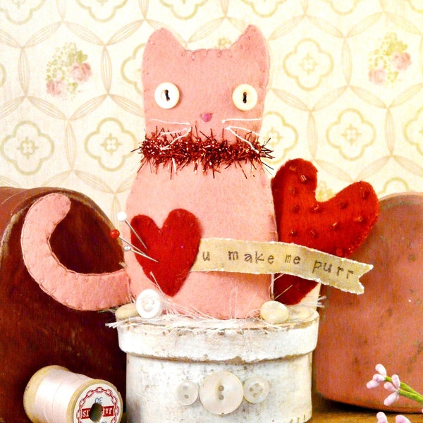 Valentine Kitty cat make do Pattern PDF - wool felt pincushion pin keep cushion prim doll red beads vintage like heart primitive