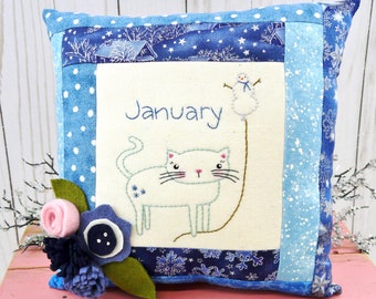 January Kitty Cat embroidery pillow Pattern PDF - stitchery wool felt flowers month balloon snowman snow