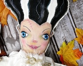 Bride of Frankenstein painted doll - Halloween monster prim primitive dolly art blue eyes OOAK