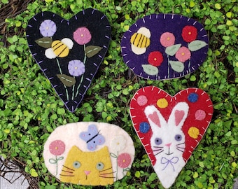 Spring Wool Pins PDF Pattern -  rabbit cat bee flowers felt magnet