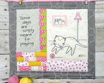Kitty cat play days embroidery quilt PDF Pattern - wall hanging stitchery