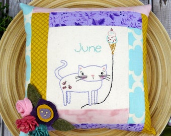 June Kitty Cat embroidery pillow Pattern PDF - summer wool felt flowers month balloon floral ice cream cone