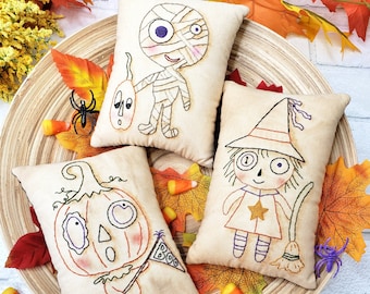 Halloween Monster Mash Stitchery Pattern PDF - primitive witch Mummy Pumpkin Man pillow boo pin keep cushion tuck embroidery