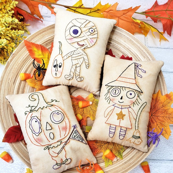 Halloween Monster Mash Stitchery Pattern PDF - primitive witch Mummy Pumpkin Man pillow boo pin keep cushion tuck embroidery