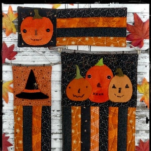 Patrón de mini colcha Prim Halloween en PDF: 3 diseños de calabaza, bruja, otoño, lana, arte popular primitivo