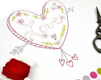 Valentine LOVE heart embroidery Pattern - PDF design hand stitchery coloring page book