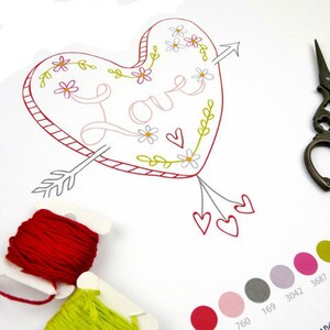 Valentine LOVE heart embroidery Pattern - PDF design hand stitchery coloring page book