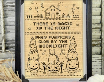 Halloween Sampler Stitchery Pattern - PDF embroidery magic in the night prim faux cross stitch