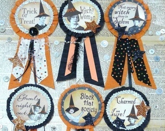 Halloween WITCH Art Pins Badges PDF PATTERN  - doll jewelry ribbon paper crepe star primitive salem ghouls witchy altered party