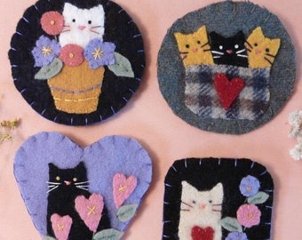 Cute Cats Wool Pins Pattern PDF - embroidery hand kitty brooch jewelry primitive flowers felt kittens