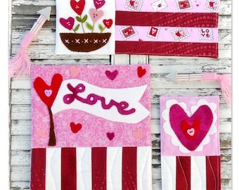 Prim Valentine mini quilt pattern PDF - 3 designs wool primitive folk art embroidery