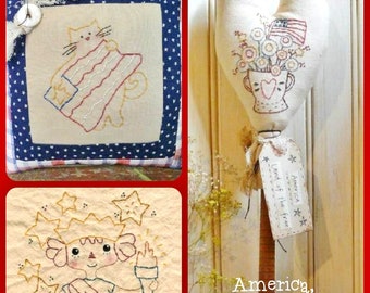 America Lady Liberty Stitchery PDF Pattern 3 in 1 - old bobbin  kitty cat patriotic